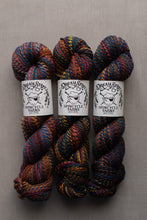 Load image into Gallery viewer, Three skeins of variegated yarn with white paper labels reading 'Dream Spin Spincycle Farms' arranged side by side on a neutral gray background.