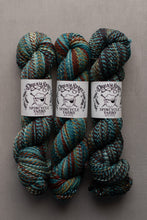 Load image into Gallery viewer, Three skeins of variegated yarn with white paper labels reading 'Dreamy Spool' and 'Spincycle Yarns' arranged side by side on a neutral gray background.