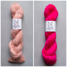 Load image into Gallery viewer, Two skeins of yarn, one pink and one red, on a gray background with 'Oh Dang!' labels.
