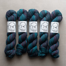 Load image into Gallery viewer, Five skeins of blue and purple yarn with Spincycle Yarns labels on a beige background