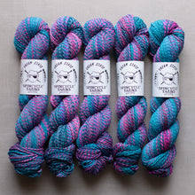 Load image into Gallery viewer, Five skeins of blue and pink yarn with Spincycle Yarns labels on a gray background