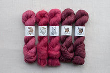 Load image into Gallery viewer, Five skeins of pink yarn with labels on a gray background