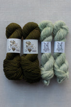 Load image into Gallery viewer, Four skeins of yarn arranged in two groups of two on a light gray textured background. The left group is a dark olive green, and the right group is a pale sage green.