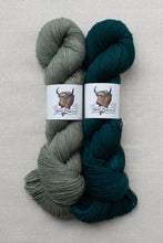 Load image into Gallery viewer, Two skeins of yarn side by side on a light beige textured background. The left skein is a muted sage green, and the right skein is a deep teal.