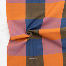 Load image into Gallery viewer, Checkered fabric with orange, blue, and brown squares on a white background, featuring the brand 'Fableism'.