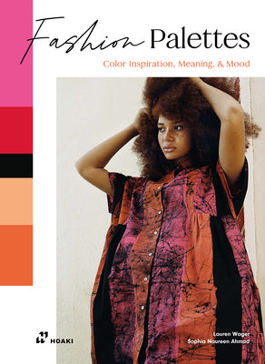 Book cover of 'Fashion Palettes' with a model wearing a patterned dress and color swatches.