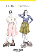 Skirt pattern packaging with two illustrated women wearing skirts, labeled 'Fiore' by Closet Core Patterns.