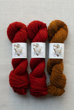 Load image into Gallery viewer, Three skeins of yarn laid flat on a light gray textured background. The left and center skeins are a deep red, and the right skein is a warm ochre brown.