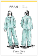 Pattern packaging for Fran pajamas by Closet Core Patterns with illustrations of a person wearing the pajamas.