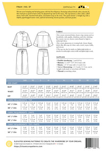 Pattern envelope back with fabric requirements chart and size chart for a top and pants set.