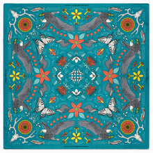 Load image into Gallery viewer, Decorative scarf with bird and flower pattern on a blue background