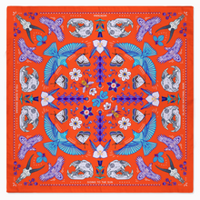 Load image into Gallery viewer, Colorful patterned fabric square with birds, flowers, and skulls on a red background