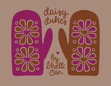 Load image into Gallery viewer, A graphic design featuring two mitten illustrations on a solid taupe background. The left mitten is magenta with brown and beige floral patterns, and the right mitten is brown with magenta and beige floral patterns.