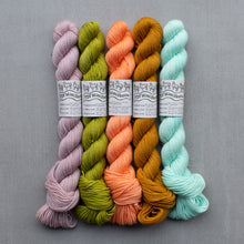 Load image into Gallery viewer, Five skeins of colorful yarn in pastel shades on a gray background