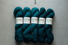 Load image into Gallery viewer, Five skeins of teal yarn with labels on a gray background
