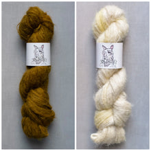 Load image into Gallery viewer, Two skeins of yarn, one brown and one white, with 'Oh Dang!' labels on a gray background.
