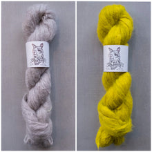 Load image into Gallery viewer, Two skeins of yarn, one gray and one yellow, with 'Oh Dang!' labels on a gray background.