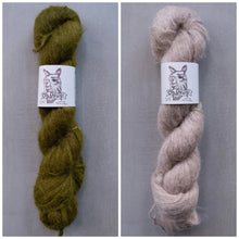 Load image into Gallery viewer, Two skeins of yarn, one green and one beige, with 'Oh Dang!' labels on a gray background.