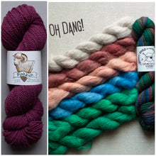 Load image into Gallery viewer, A split image showing two views of Piskun yarn. The left side shows a single skein of deep plum purple yarn with its paper label.