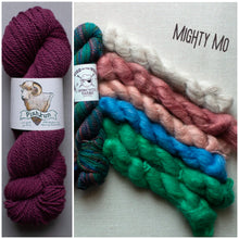Load image into Gallery viewer, A split image showing two views of Spincycle Yarns' PiAkun yarn. The left side shows a single skein of deep plum purple yarn with its paper label.