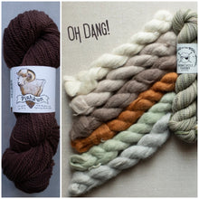 Load image into Gallery viewer, A split collage showing a skein of dark brown wool yarn on the left and several twisted wool samples in cream, taupe, orange, sage, and olive on the right, with the text 'OH DANG!' and a small label reading 'Pishkun' and 'Spincycle Yarn'.