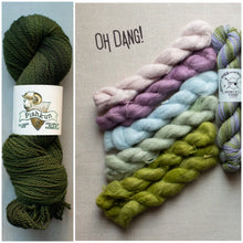 Load image into Gallery viewer, A split collage showing a skein of dark olive green yarn on the left and several pastel yarn samples on the right, with the text 'OH DANG!' and a visible 'Pishkun' label. The yarn appears to be sold as a color/pattern swatch or colorway presentation rather than a single isolated product shot.