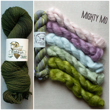 Load image into Gallery viewer, A split image showing a skein of dark olive green yarn on the left with a Piskun label, and several twisted yarn samples on the right in pale pink, lavender, light blue, mint, and olive green, labeled 'Mighty Mo'.