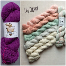 Load image into Gallery viewer, A split collage showing two skeins of yarn. The left panel shows a single deep purple skein with a paper label reading 'Pishpun'.