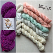 Load image into Gallery viewer, A split image showing a skein of purple yarn on the left with a paper label reading 'Pishkun' and 'Somerset Yarn', and several twisted yarn samples in pastel colors on the right with the text 'Mighty Mo'.