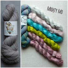 Load image into Gallery viewer, A split image showing a skein of Pishkun yarn on the left and several colorful yarn samples on the right under the heading 'Mighty Mo'. The left skein is a heathered taupe-gray color, while the right side displays other available colors including pastel pink, turquoise, lime green, and dusty rose.