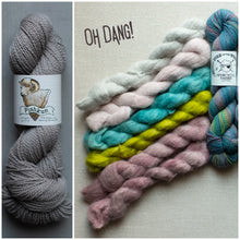Load image into Gallery viewer, A split collage showing yarn skeins and color options. The left panel shows a single gray skein with a label