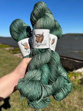 Load image into Gallery viewer, Green yarn skeins held by a hand with a scenic background