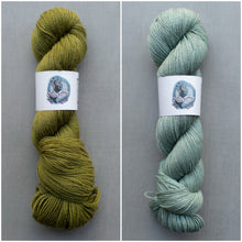 Load image into Gallery viewer, Two skeins of yarn, one green and one blue-green, on a gray background with labels.