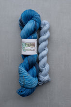 Load image into Gallery viewer, Two skeins of blue yarn with a label on a gray background