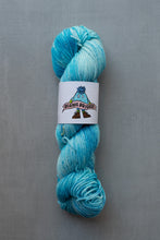Load image into Gallery viewer, A skein of variegated blue and turquoise yarn with a white paper label reading 'Bernie Brigade' and a cartoon character, photographed on a neutral gray background.