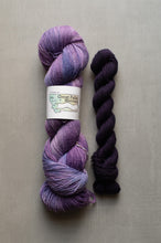 Load image into Gallery viewer, Two skeins of purple yarn with a label on a gray background