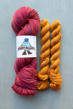Load image into Gallery viewer, Two skeins of yarn on a light gray background: one variegated pink and red skein with a white 'Bernie Brigade' label, and one mustard yellow skein.