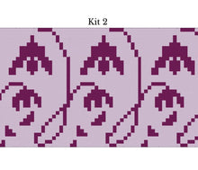 Load image into Gallery viewer, A flat pattern swatch labeled 'Kit 2' at the top, showing a repeating pixel-style floral motif in dark purple on a light lavender background.