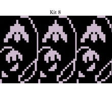 Load image into Gallery viewer, A repeating pixel-art pattern on a black background with pale lavender abstract shapes, labeled 'Kit 8' at the top.