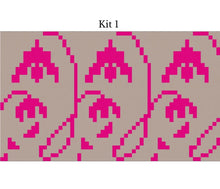 Load image into Gallery viewer, A repeating pink pixel-art floral pattern on a beige background, with the text 'Kit 1' centered above the design.