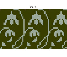 Load image into Gallery viewer, A digital preview of a pixelated pattern design labeled 'Kit 4' at the top. The design features a repeating motif of stylized pixelated faces in a light gray-green color on a dark olive green background.