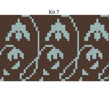 Load image into Gallery viewer, A repeating pixel-art pattern labeled 'Kit 7' at the top, showing a dark brown background with pale blue abstract shapes and curved line motifs.