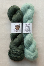Load image into Gallery viewer, Two skeins of yarn laid flat on a light beige textured background. The left skein is a dark forest green, and the right skein is a pale mint green.