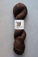 Load image into Gallery viewer, Brown skein of yarn with a label on a gray background