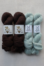 Load image into Gallery viewer, Three skeins of yarn arranged side by side on a light beige textured fabric background. The left two skeins are a rich dark brown, and the right skein is a pale mint green.