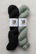 Load image into Gallery viewer, Two skeins of yarn side by side on a light beige textured background. The left skein is solid black, and the right skein is a muted sage green.