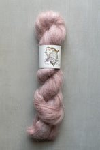 Load image into Gallery viewer, Pink skein of yarn with a label on a gray background