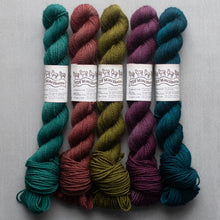 Load image into Gallery viewer, Five skeins of yarn in teal, pink, green, purple, and blue on a gray background.