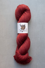 Load image into Gallery viewer, Red skein of yarn with a label on a gray background