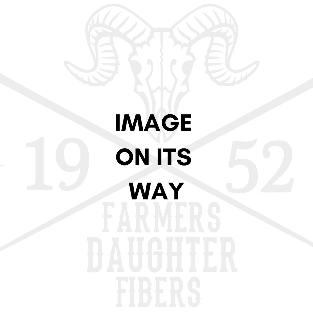 A white placeholder graphic with a light gray ram skull logo, crossed diagonal lines, and the text 'IMAGE ON ITS WAY' in bold black letters. Faint gray text at the bottom reads 'FARMERS DAUGHTER FIBERS'.
